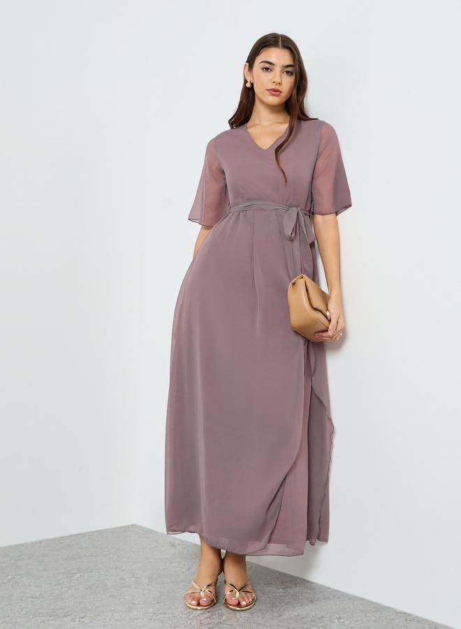 Styli Women V Neck Maxi Dress with Tie-Belt - Image 5